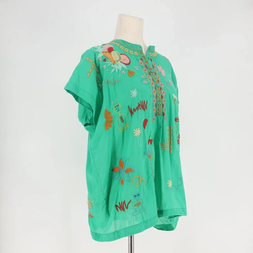 JOHNNY WAS Biya Lemona Embroidered Henley Short Sleeve Blouse Green Size M - Picture 3 of 10